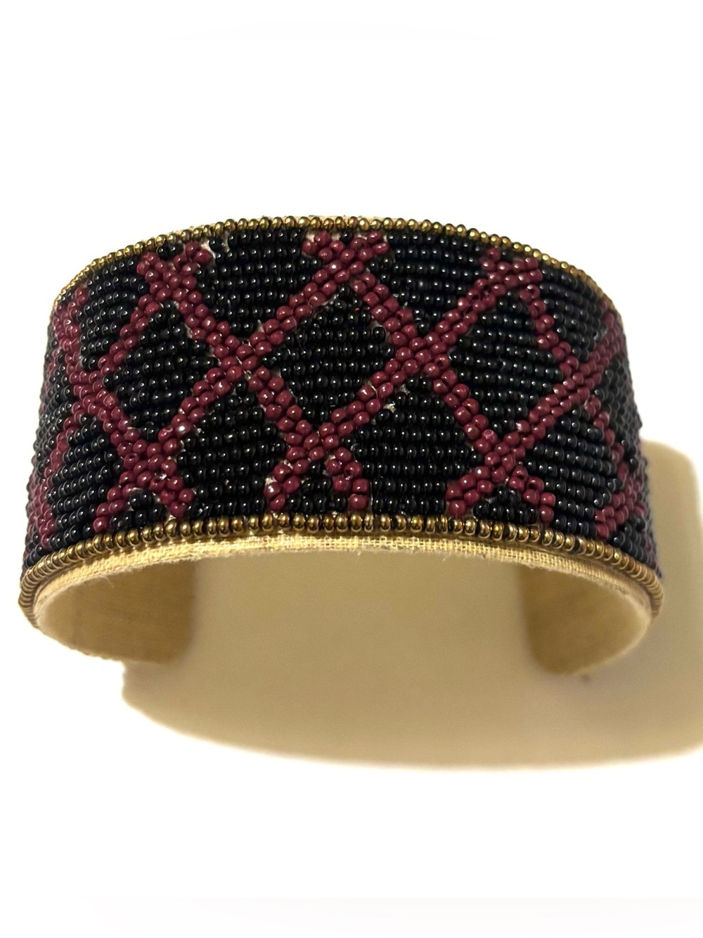 Beaded Black and Burgundy Lattice Cuff Bracelet with Gold Trim